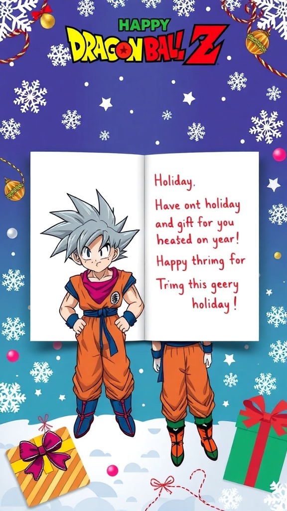 Dragon Ball Z Christmas card with Goku and Vegeta, decorated with snowflakes and holiday messages.